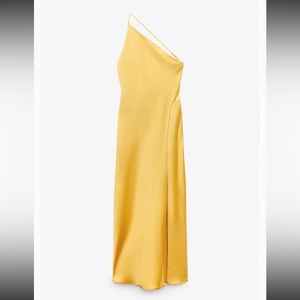 One shoulder, yellow/gold satin Zara maxi dress